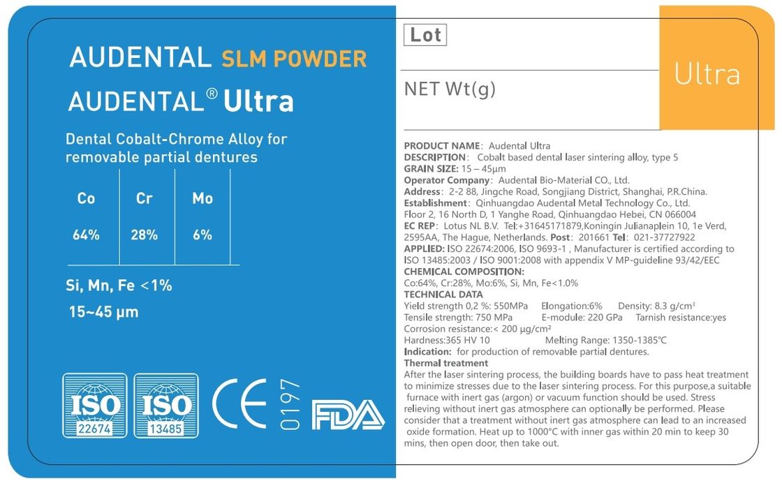 Audental Ultra SLM Tozu CE FDA IdentAlloy Sertifikalı Diş 3D Metal Baskı için CoCrMo Malzemesi